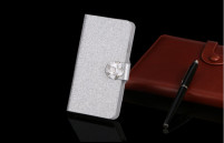 Луксозен кожен калъф тефтер стойка и клипс с камъни и брокат за Alcatel One Touch Idol 3 5.5 6045Y сребрист с цвете
